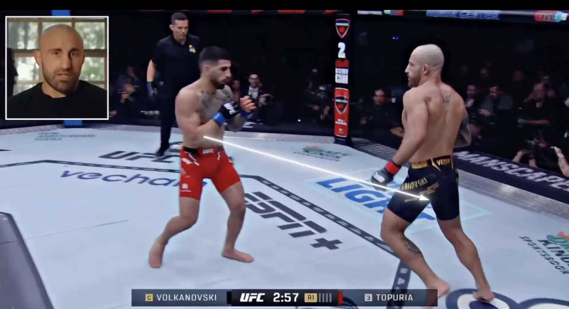Ilia Topuria en Alexander Volkanovski tijdens UFC 298 vedergewicht titelgevecht Anaheim 2024